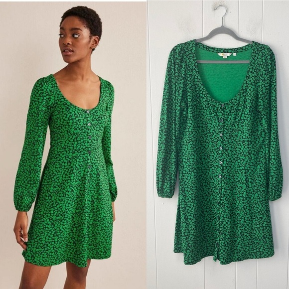 Boden Dresses & Skirts - Boden Button Front Jersey Mini Dress in Green Bee Tulip Sprig Sz US 12 UK 16